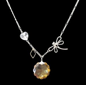Flower lucite pendant with dragon fly charm necklace